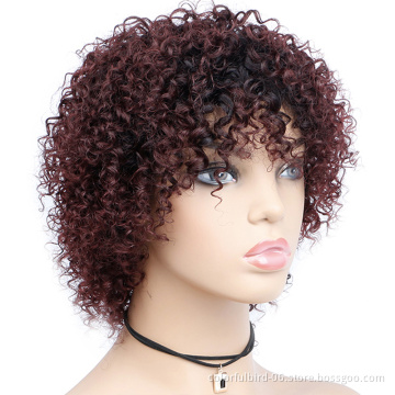 Ombre Short Afro Kinky Curly Wig for Black Women 100% Brazilian Remy Curly Hair Wig Black to Red None Lace  Wig Machine Made